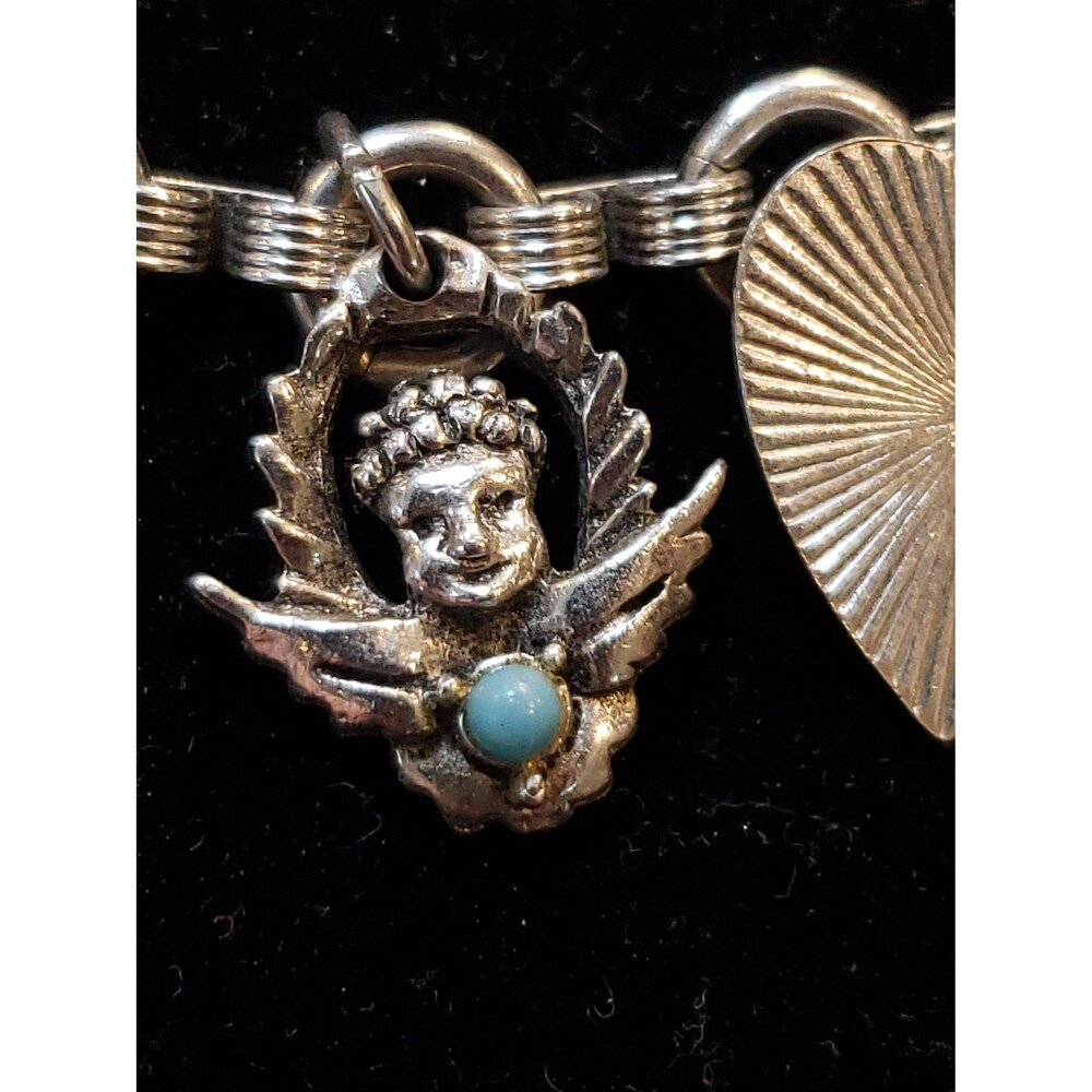 Vintage Unsigned Angel And Heart Silver Tone Charm Bracelet With Solid Clasp
